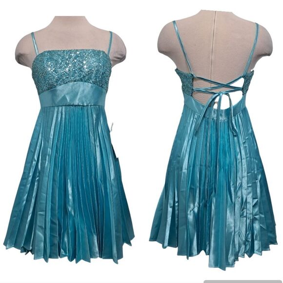 Vintage Jessica McClintock For Gunne Sax Pleated Sequins Cocktail Turquoise S 7 - Picture 3 of 13